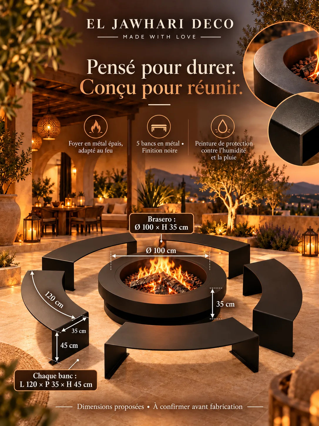 Ensemble Brasero & 5 Bancs Courbés — L’Art des Soirées en Plein Air