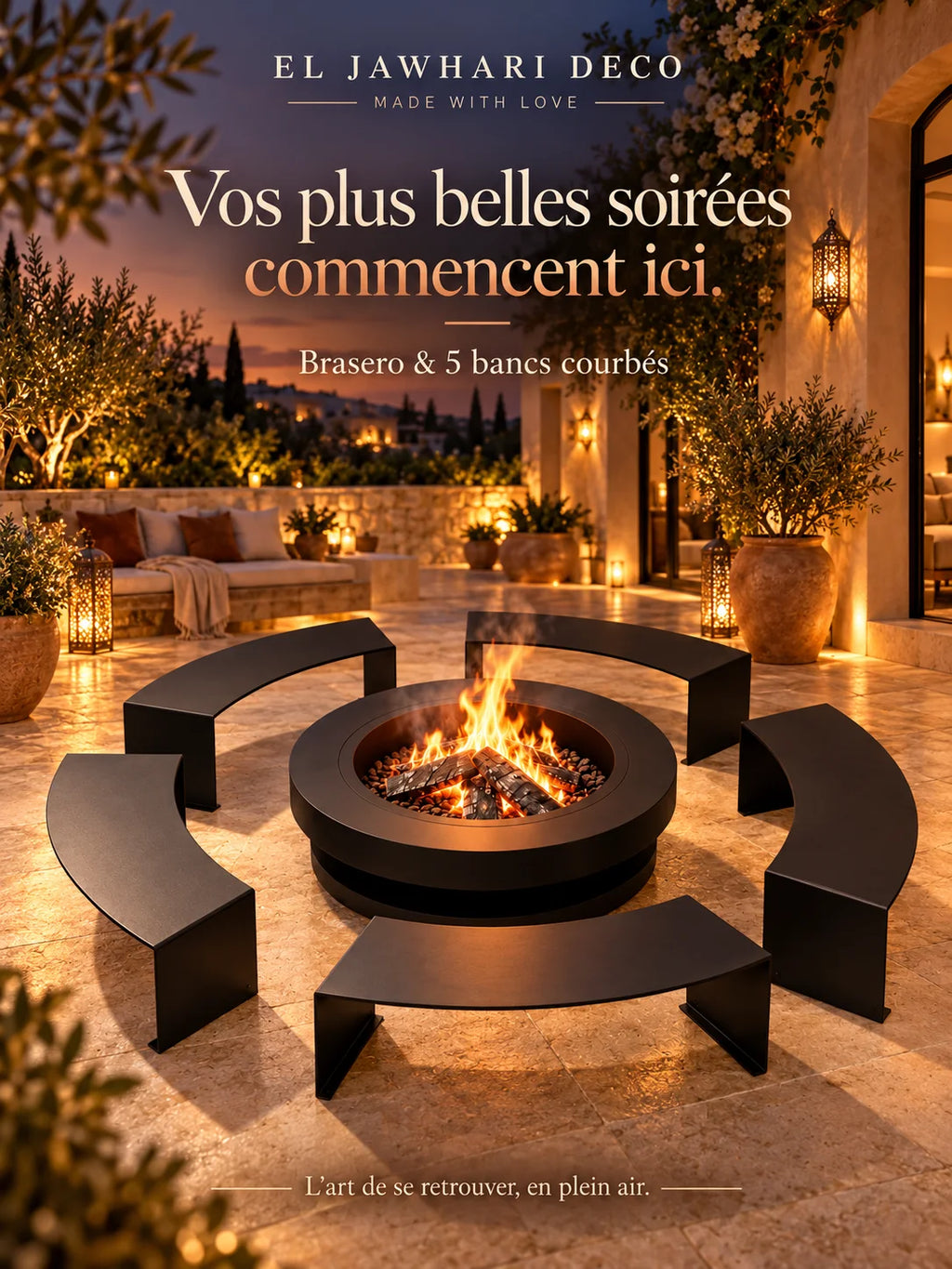 Ensemble Brasero & 5 Bancs Courbés — L’Art des Soirées en Plein Air